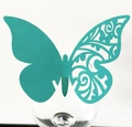 Detail of laser-cut butterfly cup card in teal color for wedding table decoration - Tiffany Blue