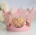 Pink laser-cut crown cupcake wrapper with intricate patterns for festive wedding decorations - Pink