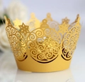 Elegant gold crown paper cake wrapper with intricate hollow laser-cut lace design - Gold