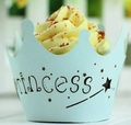 Close-up of light blue crown laser cut cupcake wrapper with princess text and stars - Pearl Pale Blue / 5cm
