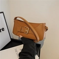 Bolso baguette de cuero marrón caramelo vintage con gran hebilla dorada para mujer - Marrón
