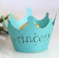 Laser-cut light blue princess crown cupcake wrapper with intricate star and text details - Turquoise Blue / 5cm