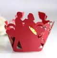 Red laser-cut cupcake wrappers with heart motifs and bride and groom wedding silhouettes - Pearlescent Red