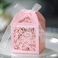 Pink laser-cut wedding gift box with floral patterns and white organza ribbon bow - Pink