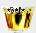 Detail of laser-cut gold foil cupcake wrapper with star patterns and Barty lettering - Reflective Gold
