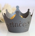 Detail of dark grey crown cupcake wrapper with princess cutout and star patterns - Silver Charcoal / 5cm