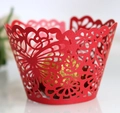 Red laser-cut butterfly cupcake wrappers with elegant hollowed flower patterns for parties - Pearlescent Red