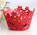 Macro detail of red laser-cut floral pattern cupcake wrappers with hollow design - 5cm / Pearlescent Red