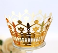 Detailed laser-cut hollow crown design in metallic gold for wedding cupcake liners - Reflective Gold