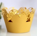 Golden hollow heart lace cupcake wrappers laser cut pearlescent paper for wedding party - Gold