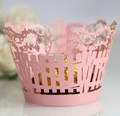 Laser cut cupcake wrappers with pink floral vine fence and bird design for party decor - Pink