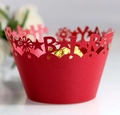 Red laser-cut cupcake wrappers with BABY lettering and stars for party decorations - Pearlescent Red