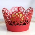 Detail of red laser-cut cupcake wrappers with geometric hollow pattern for wedding decor - 5cm / Pearlescent Red
