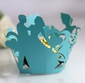 Light blue laser cut cupcake wrapper with bride and groom silhouette and hollow hearts - Tiffany Blue
