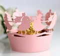 Rosa lasergeschnittene Cupcake-Förmchen mit Vogel-Silhouette für die Hochzeitsdeko - Rosa