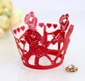 Laser-cut red cupcake wrapper with romantic kissing couple and heart silhouette details - Pearlescent Red