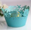 Detailed laser-cut sea star and shell patterns on teal pearlescent cupcake wrappers - 5cm / Tiffany Blue