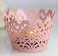 Pink laser-cut pearl paper cupcake wrappers with elegant vine lace pattern for wedding decor - 5cm / Pink