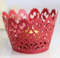 Detail of red laser-cut cupcake wrappers with elegant lace patterns for party decor - 5cm / Pearlescent Red