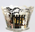 Silver laser cut cupcake wrapper featuring intricate vine and bird design for desserts - Reflective Silver