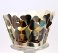 Close-up of silver laser-cut four-leaf clover cupcake wrapper with a mirror finish - 5cm / Reflective Silver