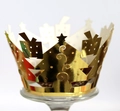 Detailed laser-cut gold crown cupcake wrapper with festive Christmas tree patterns - Reflective Gold