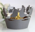 Detail of laser-cut gray cupcake wrapper with bird silhouettes for wedding decor - Silver Charcoal