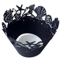 Schwarze Cupcake-Hüllen mit Laser-Cut Ozean-Motiven wie Seesterne und Muscheln für Torten - Schwarz Khaki