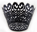 Elegant black laser-cut lace cupcake wrapper with intricate crown pattern for parties - Black Khaki