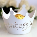 White and gold princess crown cupcake wrappers with laser cut hollow design - White