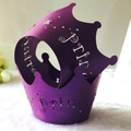 Purple princess crown laser cut cupcake wrapper with star pattern and decorative text - Deep purple
