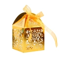 Elegant gold laser-cut candy box with hexagonal base and sheer ribbon bow for weddings - Reflective Gold