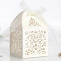 Ivory laser cut wedding favor box with European pattern and white ribbon bow detail - Ivory