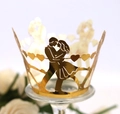 Gold laser-cut cupcake wrappers with romantic kissing couple silhouette and hearts - Reflective Gold