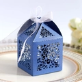 Blue laser-cut hollow gift box with white organza ribbon on a decorative plate - Royal Blue (With Beige Ribbon)