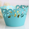 Laser-cut heart pattern cupcake wrapper in bright blue pearlescent paper for parties - Tiffany Blue