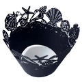 Laser-cut black cupcake wrapper with hollow sea shell and starfish oceanic design - Black Khaki