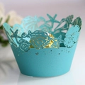 Laser-cut teal blue cupcake wrapper with ocean sea shells and starfish hollow pattern - 5x5x8CM / Tiffany Blue