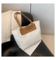 Minimalist white and brown patchwork tote bag with gold-tone FASHION lettering - White