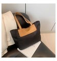 Black large capacity PU tote bag with khaki leather straps and fashion text design - Black
