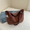 Brown corduroy shoulder bag with adjustable strap and cute white cartoon pendant charm - With Pendant / Dark Brown