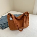 Brown corduroy shoulder bag with zipper closure and cute white dog pendant charm - With Pendant / Tan