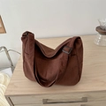 Dark brown corduroy shoulder bag with adjustable strap and side pocket detail - No Pendant / Dark Brown