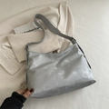 Silver-grey vintage bucket bag with distressed leather texture and adjustable wide strap - Gray Without Pendant