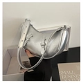Detail of silver crescent bag with metallic cracked texture and wide shoulder strap - Gray
