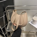 Minimalist beige crescent shoulder bag in smooth leather with gold buckle detail - Khaki