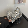 Silver sequin crescent shoulder bag with metallic chain and sparkling round paillettes - Silver Gray