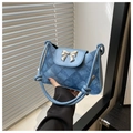 Blue denim checkerboard shoulder bag with a stylish silver bow metal buckle - Blue
