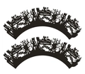 Detail of laser-cut black Halloween cupcake wrappers featuring spooky castles and pumpkins - 5*5*8CM / Festival Elements Collection Style (WB-275)
