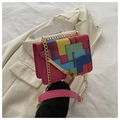 Fashionable rose pink crossbody bag with colorful geometric patchwork and gold chain - Rose Pink